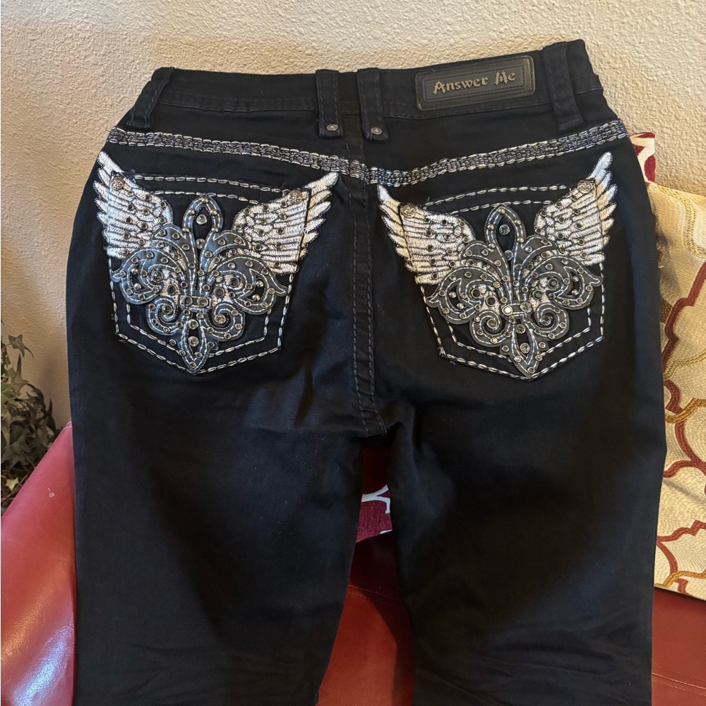 Women's Black Boot Cut Jeans with Embroidered Wing Pockets